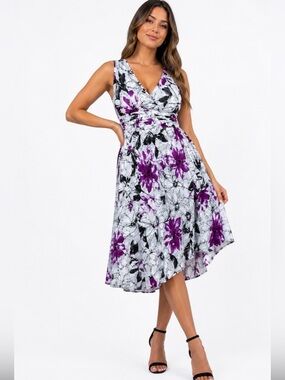 Robbie Bee Purple Black White Floral High-Low Dress
